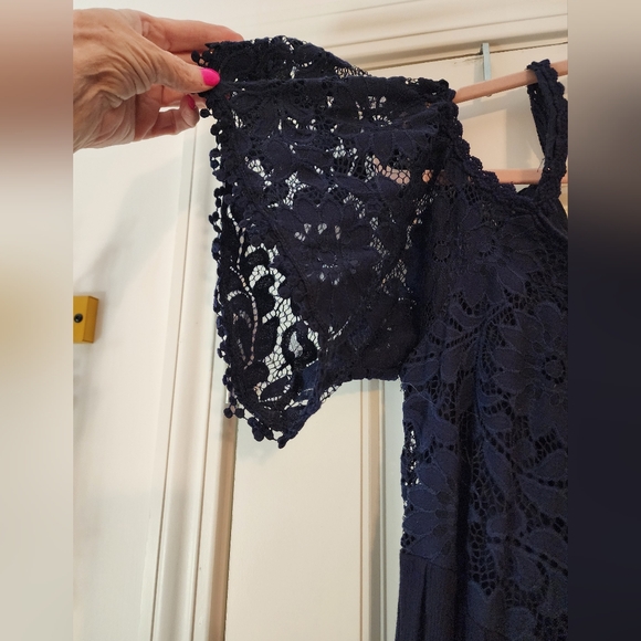 Robbie Lee Navy Blue Lace Dress Bare Shoulder Playful Chic 1X Romantic Sexy - Picture 2 of 13